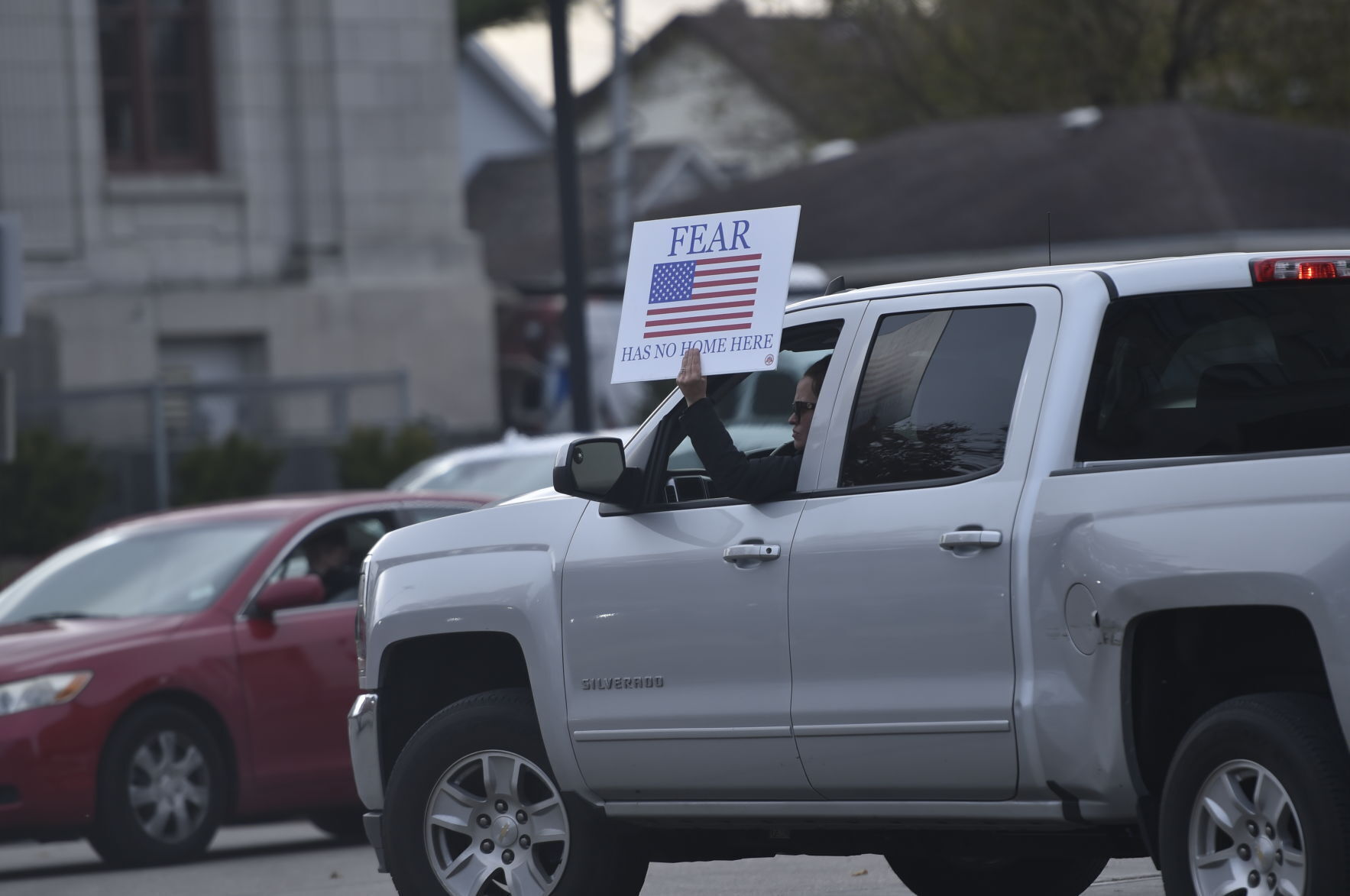 "Fear has no home here" sign outside Kenosha County Courthouse Friday